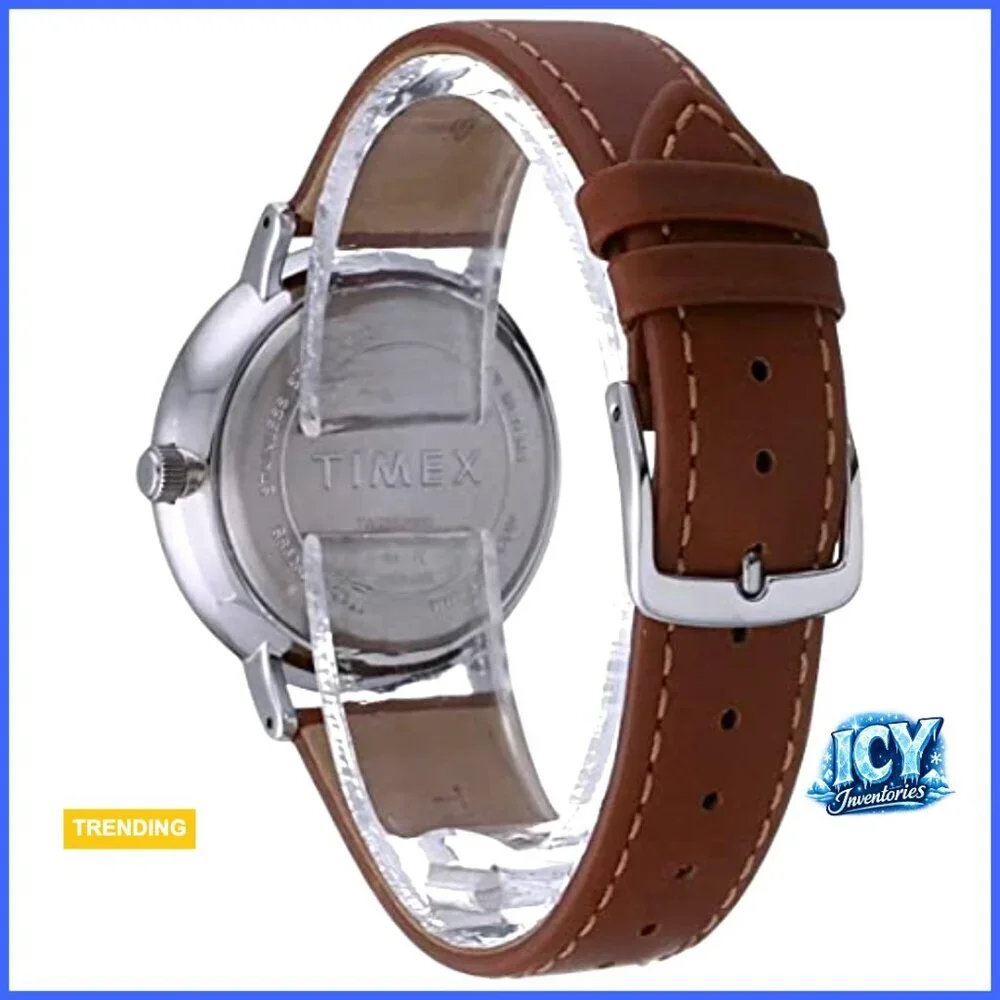 Silver-Tone Quartz Watch with Genuine Leather Strap, 41mm Case